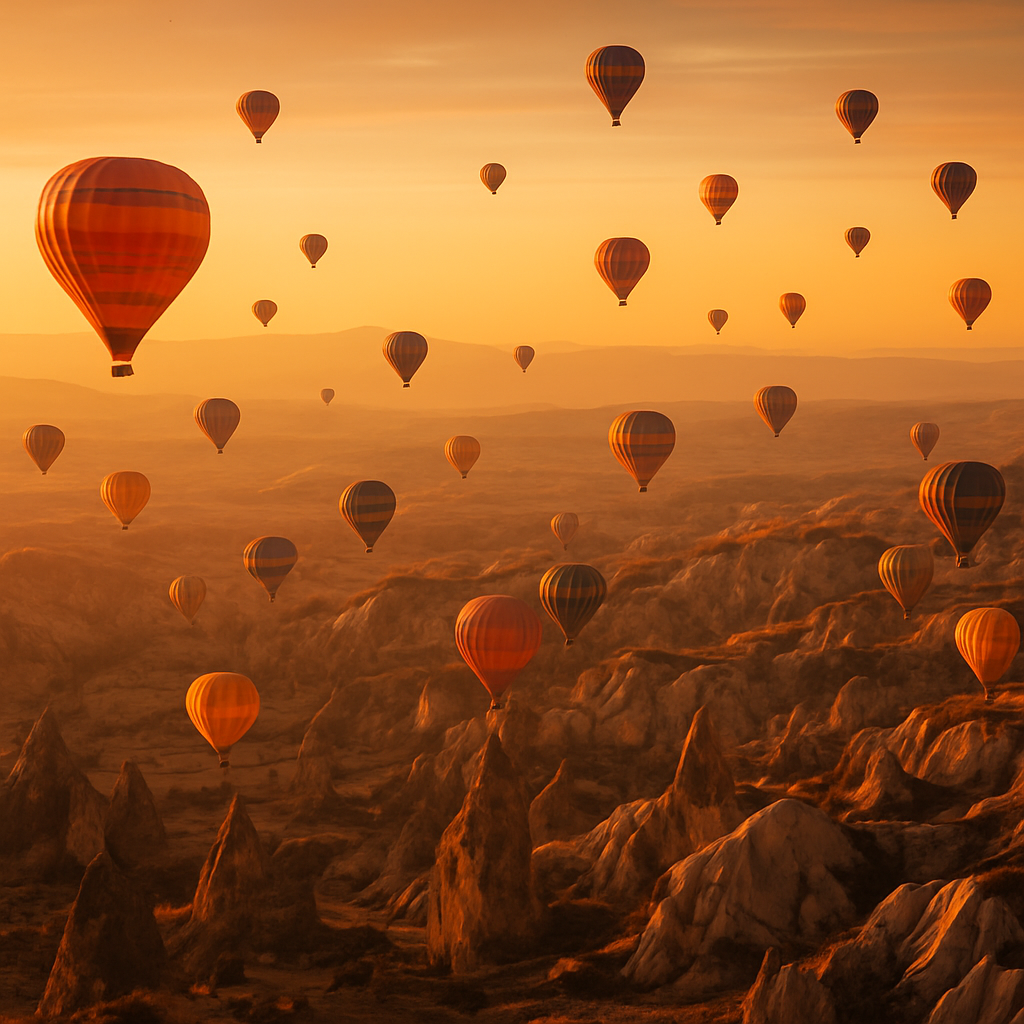 Hot air balloons rising over the fairy chimneys of Cappadocia at sunrise